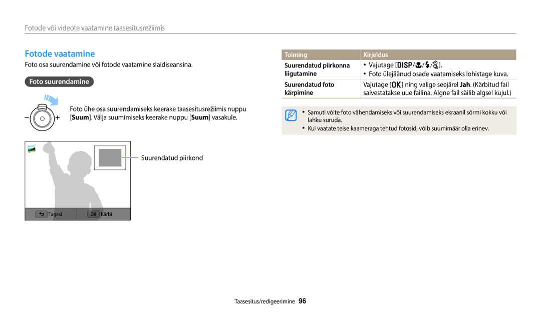 Samsung EC-WB352FBDBE2, EC-WB350FBPWE2, EC-WB50FZBPBE2 manual Fotode vaatamine, Foto suurendamine, Toiming Kirjeldus 