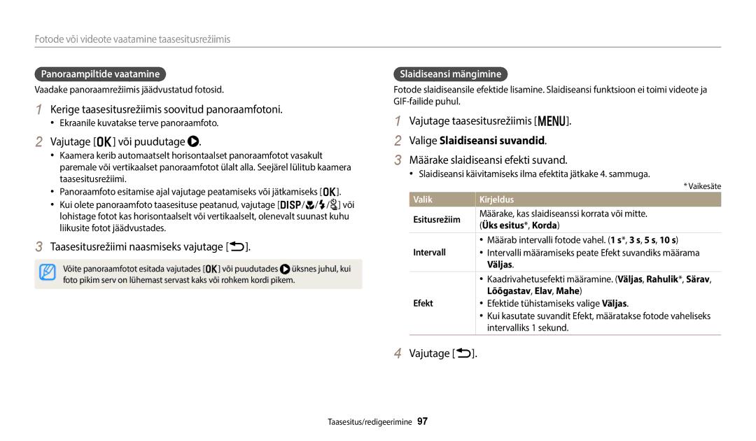 Samsung EC-WB50FZBPRE2, EC-WB350FBPWE2, EC-WB50FZBPBE2, EC-WB350FBPRE2, EC-WB350FBPNE2 manual Valige Slaidiseansi suvandid 