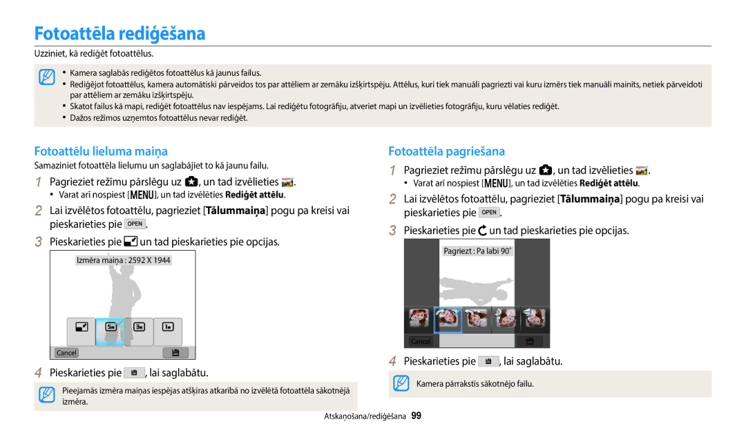 Samsung EC-WB50FZBPBE2, EC-WB350FBPWE2 manual Fotoattēla rediģēšana, Fotoattēlu lieluma maiņa, Fotoattēla pagriešana 