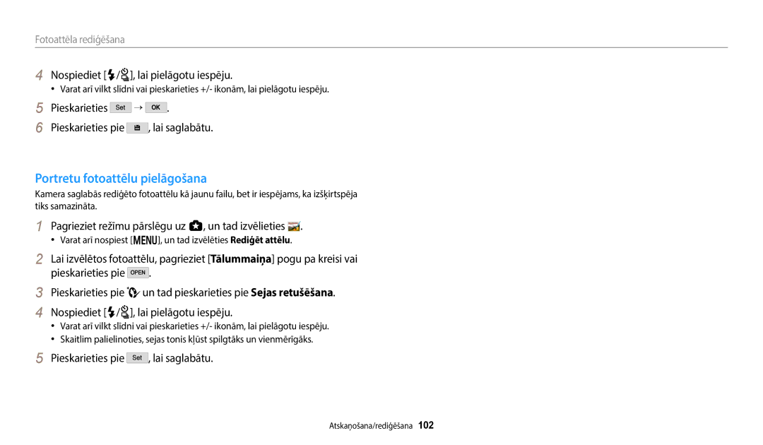 Samsung EC-WB352FBDWE2, EC-WB350FBPWE2 manual Portretu fotoattēlu pielāgošana, Nospiediet F/t, lai pielāgotu iespēju 