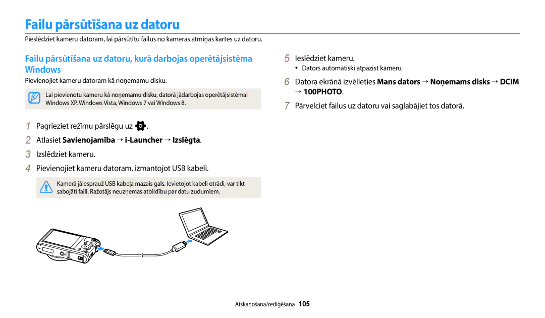 Samsung EC-WB352FBDBE2 manual Failu pārsūtīšana uz datoru, Atlasiet Savienojamība → i-Launcher → Izslēgta, → 100PHOTO 