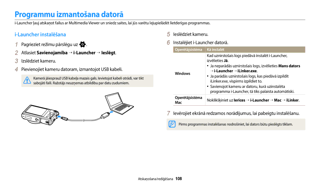 Samsung EC-WB50FZBPBE2 Programmu izmantošana datorā, Launcher instalēšana, Atlasiet Savienojamība → i-Launcher → Ieslēgt 