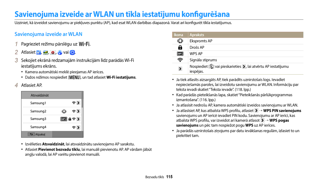 Samsung EC-WB50FZBPRE2, EC-WB350FBPWE2, EC-WB50FZBPBE2, EC-WB350FBPRE2, EC-WB350FBPNE2 manual Savienojuma izveide ar Wlan 