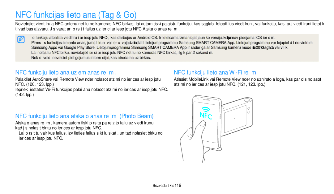 Samsung EC-WB350FBPNE2, EC-WB350FBPWE2 manual NFC funkcijas lietošana Tag & Go, NFC funkciju lietošana uzņemšanas režīmā 