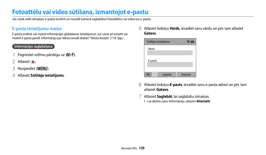 Samsung EC-WB352FBDWE2, EC-WB350FBPWE2 manual Fotoattēlu vai video sūtīšana, izmantojot e-pastu, Pasta iestatījumu maiņa 