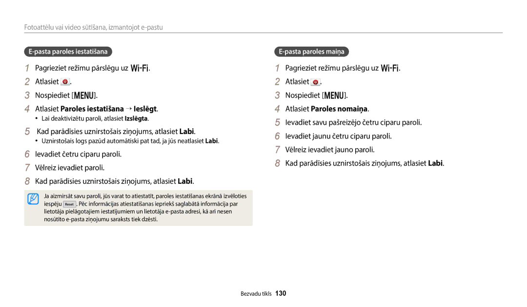 Samsung EC-WB350FBPBE2 manual Atlasiet Paroles iestatīšana → Ieslēgt, Kad parādīsies uznirstošais ziņojums, atlasiet Labi 