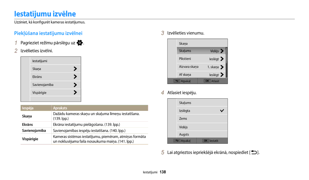 Samsung EC-WB352FBDWE2, EC-WB350FBPWE2 manual Iestatījumu izvēlne, Piekļūšana iestatījumu izvēlnei, Izvēlieties vienumu 