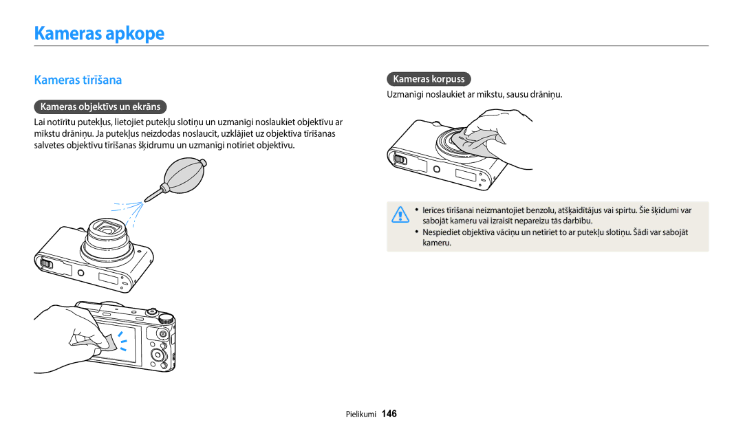 Samsung EC-WB350FBPNE2, EC-WB350FBPWE2 manual Kameras apkope, Kameras tīrīšana, Kameras objektīvs un ekrāns, Kameras korpuss 