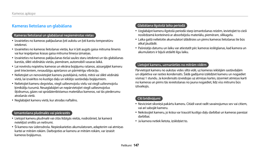 Samsung EC-WB352FBDWE2, EC-WB350FBPWE2, EC-WB50FZBPBE2, EC-WB350FBPRE2, EC-WB350FBPNE2 manual Kameras lietošana un glabāšana 