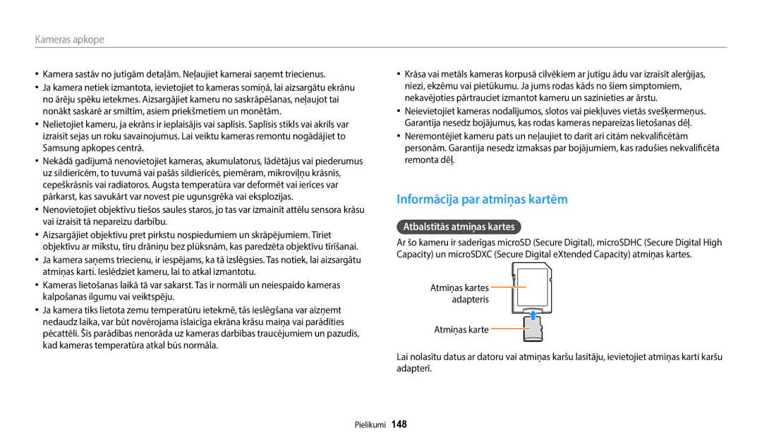 Samsung EC-WB350FBPBE2, EC-WB350FBPWE2, EC-WB50FZBPBE2 manual Informācija par atmiņas kartēm, Atbalstītās atmiņas kartes 