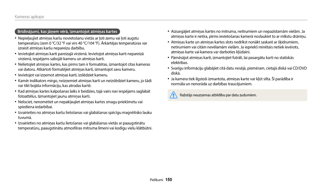 Samsung EC-WB352FBDBE2, EC-WB350FBPWE2, EC-WB50FZBPBE2 manual Brīdinājumi, kas jāņem vērā, izmantojot atmiņas kartes 