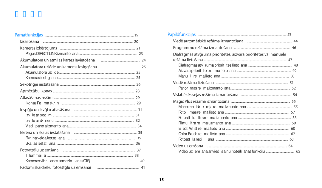 Samsung EC-WB352FBDBE2, EC-WB350FBPWE2, EC-WB50FZBPBE2, EC-WB350FBPRE2, EC-WB350FBPNE2 manual Saturs, Viedā paneļa izmantošana 