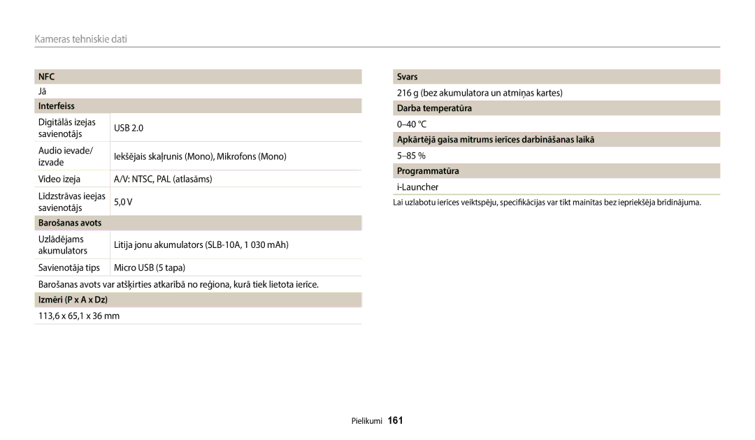 Samsung EC-WB350FBPWE2 manual Interfeiss, Barošanas avots, Izmēri P x a x Dz, Svars, Darba temperatūra, Programmatūra 