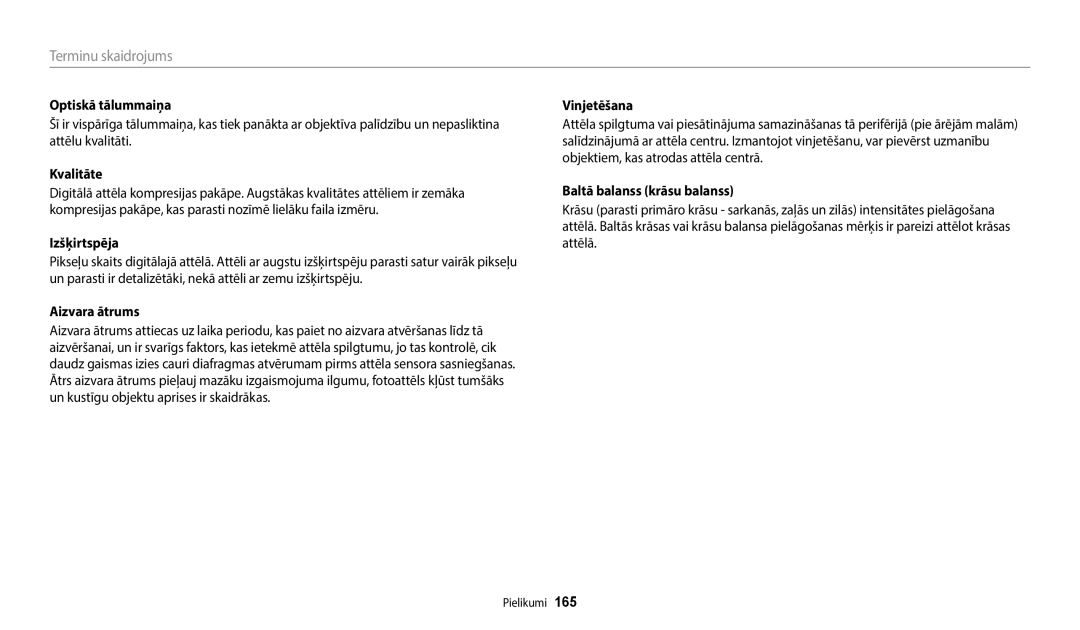 Samsung EC-WB352FBDWE2, EC-WB350FBPWE2 manual Optiskā tālummaiņa, Kvalitāte, Izšķirtspēja, Baltā balanss krāsu balanss 