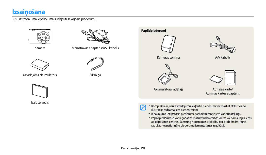 Samsung EC-WB350FBPNE2, EC-WB350FBPWE2, EC-WB50FZBPBE2, EC-WB350FBPRE2, EC-WB352FBDWE2 manual Izsaiņošana, Papildpiederumi 