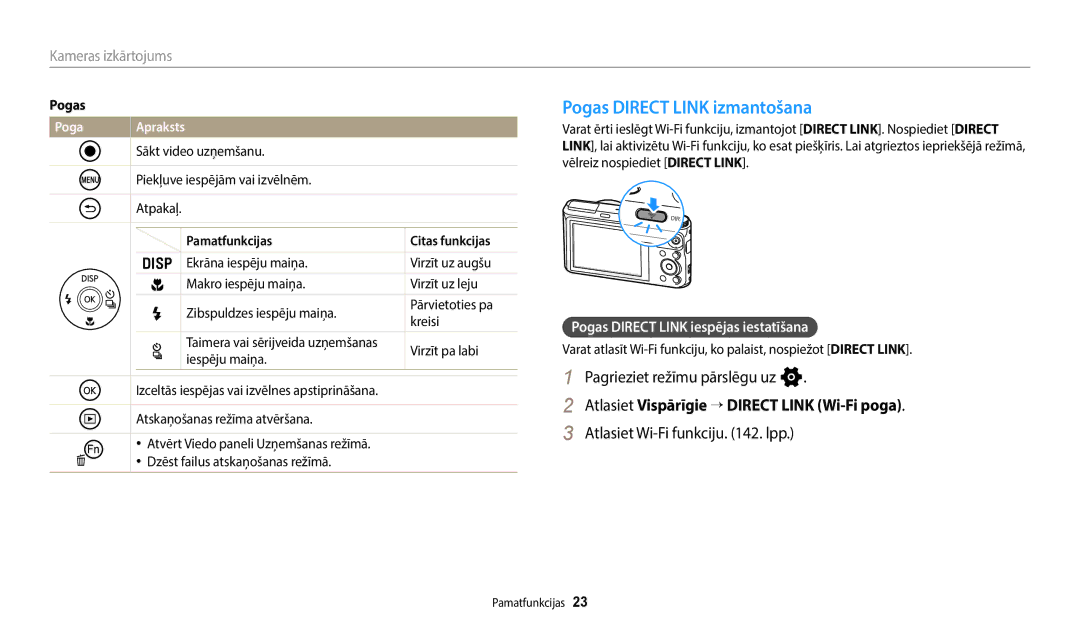 Samsung EC-WB50FZBPWE2 manual Pogas Direct Link izmantošana, Pagrieziet režīmu pārslēgu uz n, Atlasiet Wi-Fi funkciju . lpp 