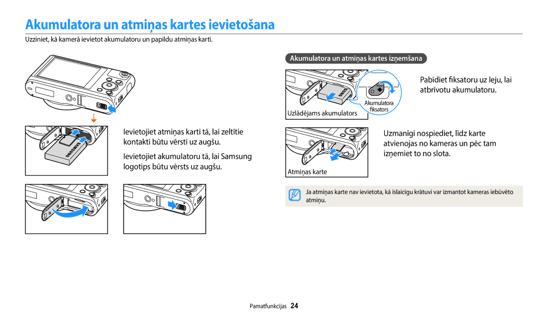 Samsung EC-WB352FBDBE2, EC-WB350FBPWE2 Akumulatora un atmiņas kartes ievietošana, Akumulatora un atmiņas kartes izņemšana 