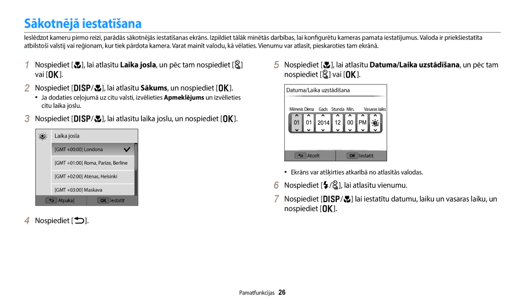 Samsung EC-WB350FBPWE2 Sākotnējā iestatīšana, Nospiediet D/c, lai atlasītu laika joslu, un nospiediet o, Nospiediet b 