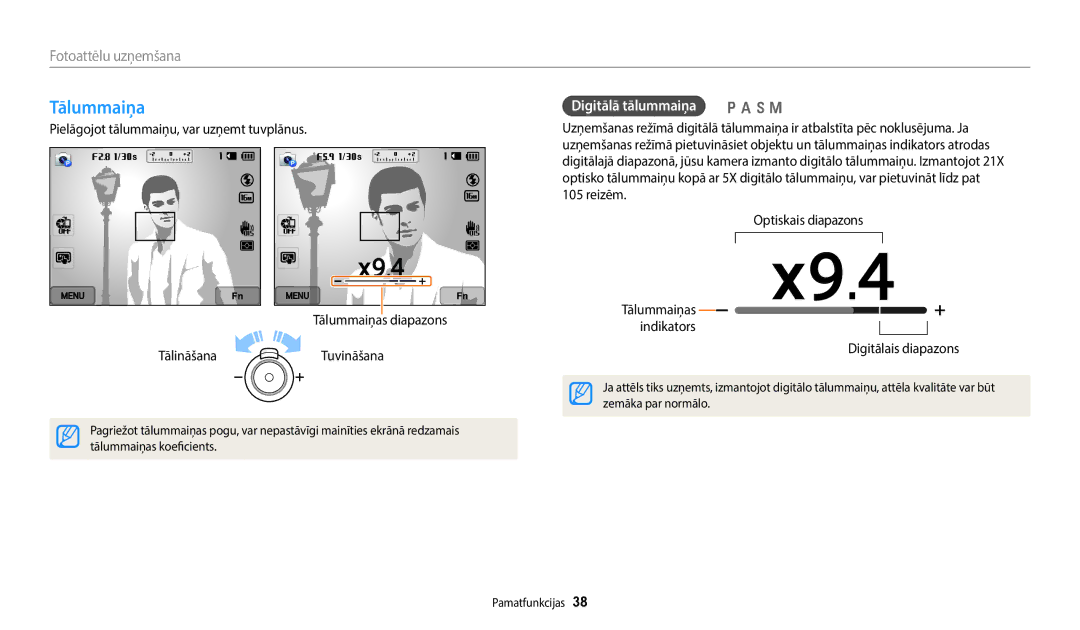 Samsung EC-WB350FBPNE2, EC-WB350FBPWE2, EC-WB50FZBPBE2, EC-WB350FBPRE2, EC-WB352FBDWE2 manual Tālummaiņa, Digitālais diapazons 