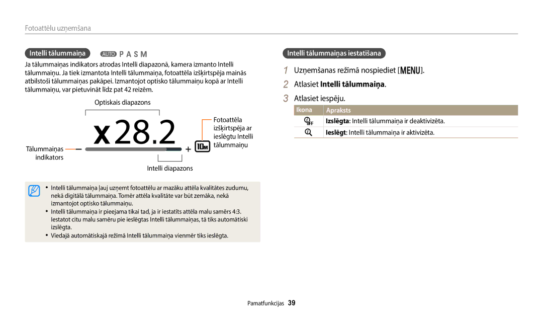 Samsung EC-WB352FBDWE2, EC-WB350FBPWE2 manual Uzņemšanas režīmā nospiediet m, Atlasiet Intelli tālummaiņa, Atlasiet iespēju 