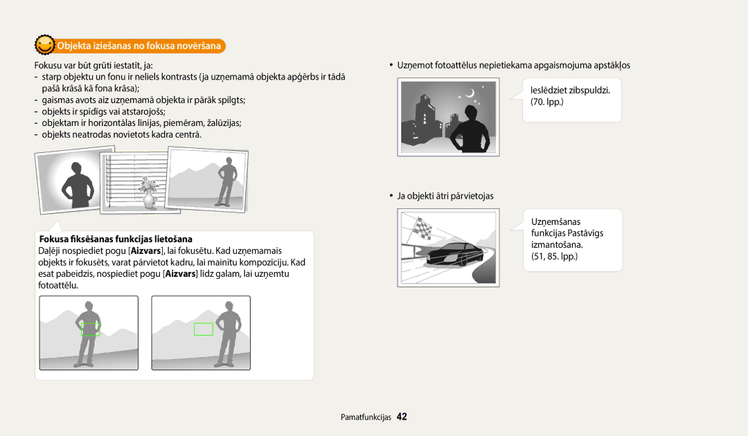 Samsung EC-WB352FBDBE2 manual Objekta iziešanas no fokusa novēršana, Fokusa fiksēšanas funkcijas lietošana, 51, 85. lpp 