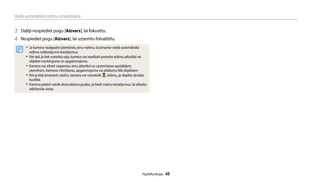 Samsung EC-WB50FZBPBE2, EC-WB350FBPWE2, EC-WB350FBPRE2, EC-WB350FBPNE2, EC-WB352FBDWE2 Viedā automātiskā režīma izmantošana 