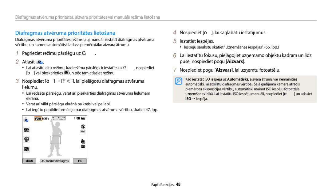 Samsung EC-WB352FBDWE2, EC-WB350FBPWE2 Diafragmas atvēruma prioritātes lietošana, Pagrieziet režīmu pārslēgu uz G Atlasīt 