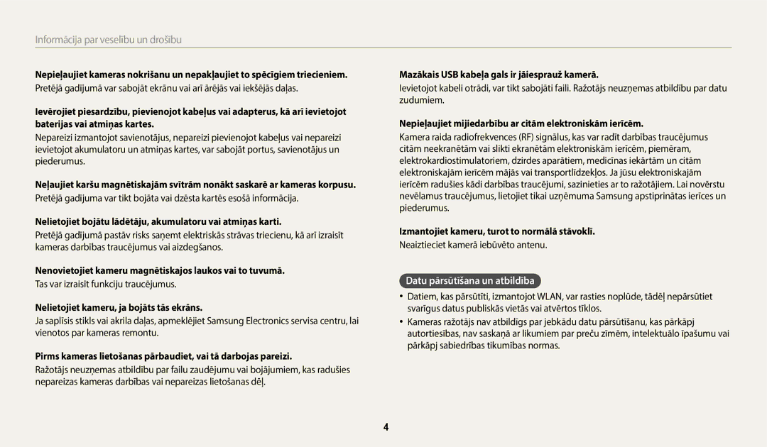 Samsung EC-WB350FBPBE2, EC-WB350FBPWE2, EC-WB50FZBPBE2, EC-WB350FBPRE2, EC-WB350FBPNE2 manual Datu pārsūtīšana un atbildība 