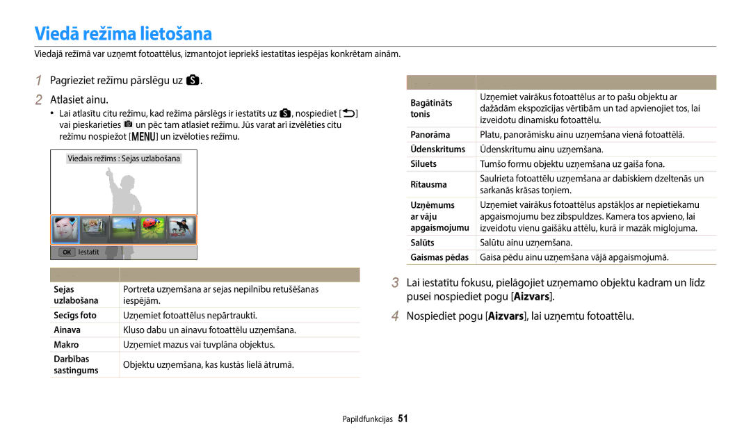 Samsung EC-WB352FBDBE2 manual Viedā režīma lietošana, Pagrieziet režīmu pārslēgu uz s Atlasiet ainu, Iespēja Apraksts 