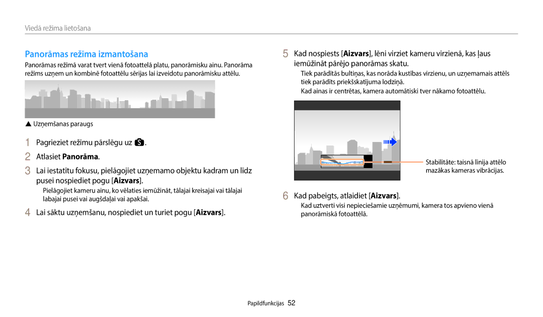 Samsung EC-WB50FZBPRE2, EC-WB350FBPWE2 Panorāmas režīma izmantošana, Kad pabeigts, atlaidiet Aizvars, Uzņemšanas paraugs 