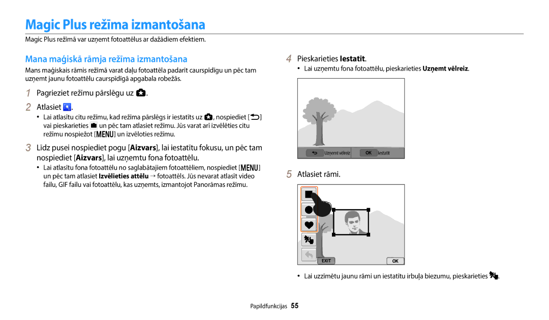 Samsung EC-WB350FBPRE2 manual Magic Plus režīma izmantošana, Mana maģiskā rāmja režīma izmantošana, Pieskarieties Iestatīt 