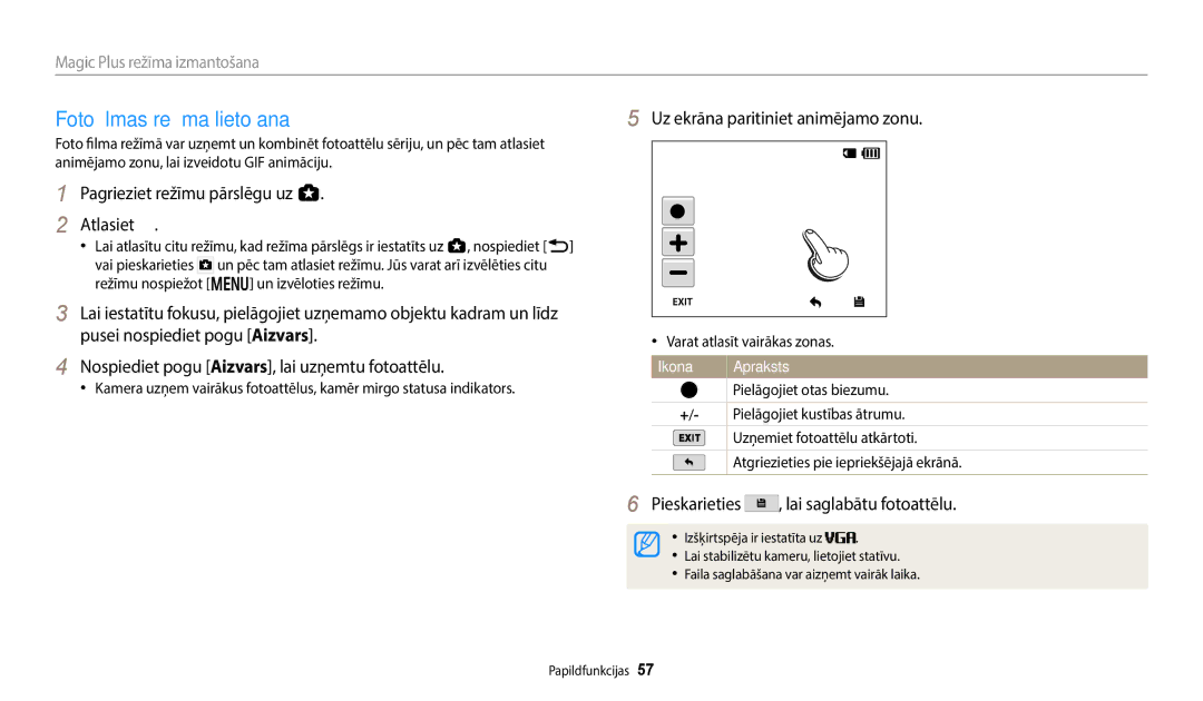 Samsung EC-WB352FBDWE2 Foto filmas režīma lietošana, Uz ekrāna paritiniet animējamo zonu, Varat atlasīt vairākas zonas 