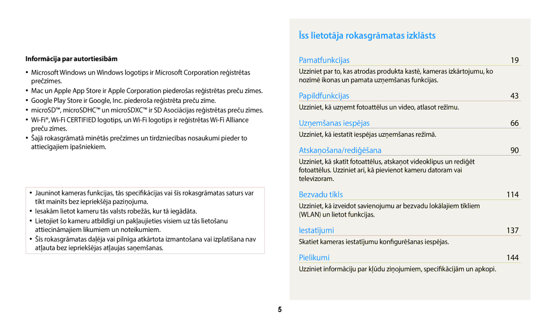 Samsung EC-WB50FZBPWE2, EC-WB350FBPWE2 Īss lietotāja rokasgrāmatas izklāsts, 114, 137, 144, Informācija par autortiesībām 