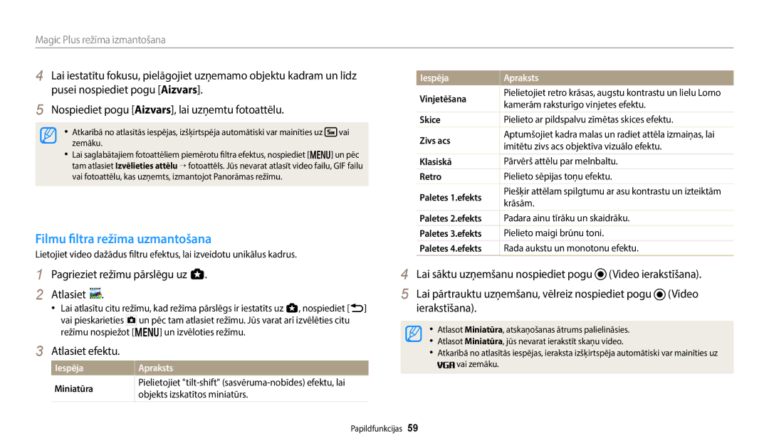 Samsung EC-WB50FZBPWE2, EC-WB350FBPWE2, EC-WB50FZBPBE2, EC-WB350FBPRE2 manual Filmu filtra režīma uzmantošana, Iespēja 