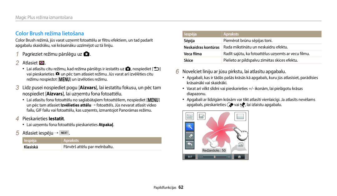 Samsung EC-WB350FBPWE2, EC-WB50FZBPBE2, EC-WB350FBPRE2, EC-WB350FBPNE2 manual Color Brush režīma lietošana, Atlasiet iespēju → 