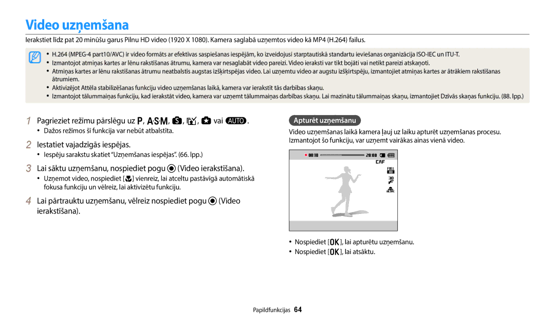 Samsung EC-WB350FBPRE2 manual Video uzņemšana, Pagrieziet režīmu pārslēgu uz p, G, s, i, g vai T, Apturēt uzņemšanu 