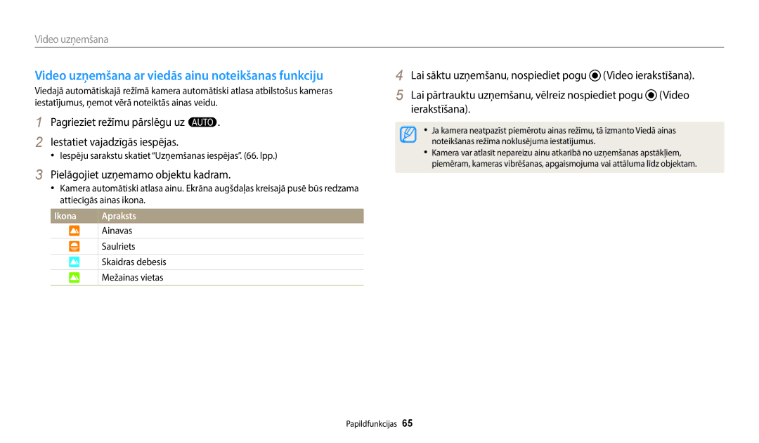 Samsung EC-WB350FBPNE2 manual Video uzņemšana ar viedās ainu noteikšanas funkciju, Pielāgojiet uzņemamo objektu kadram 