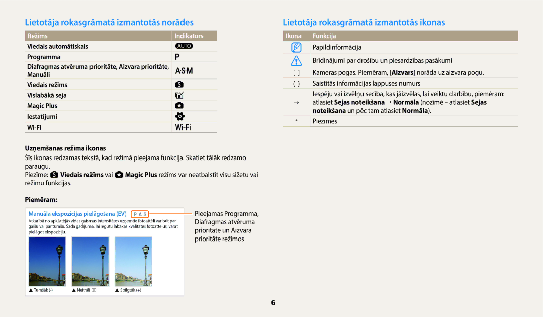 Samsung EC-WB352FBDBE2 manual Lietotāja rokasgrāmatā izmantotās norādes, Lietotāja rokasgrāmatā izmantotās ikonas, Piemēram 