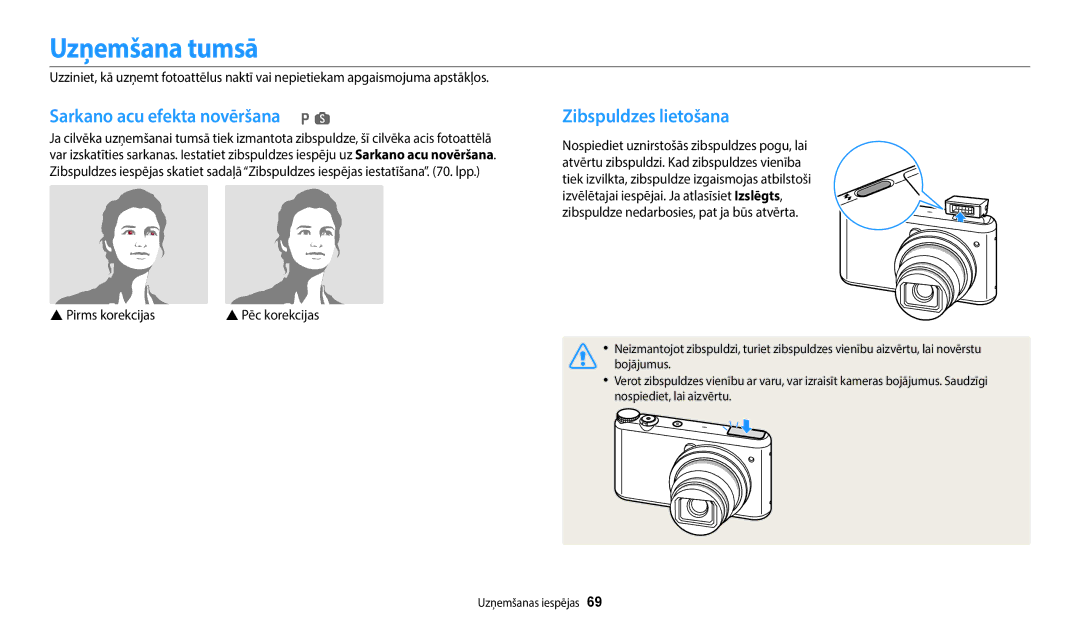 Samsung EC-WB352FBDBE2, EC-WB350FBPWE2 manual Uzņemšana tumsā, Sarkano acu efekta novēršana p s, Zibspuldzes lietošana 