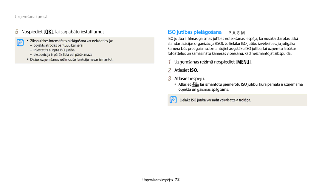 Samsung EC-WB50FZBPBE2 manual ISO jutības pielāgošana p a h M, Uzņemšanas režīmā nospiediet m Atlasiet ISO Atlasiet iespēju 