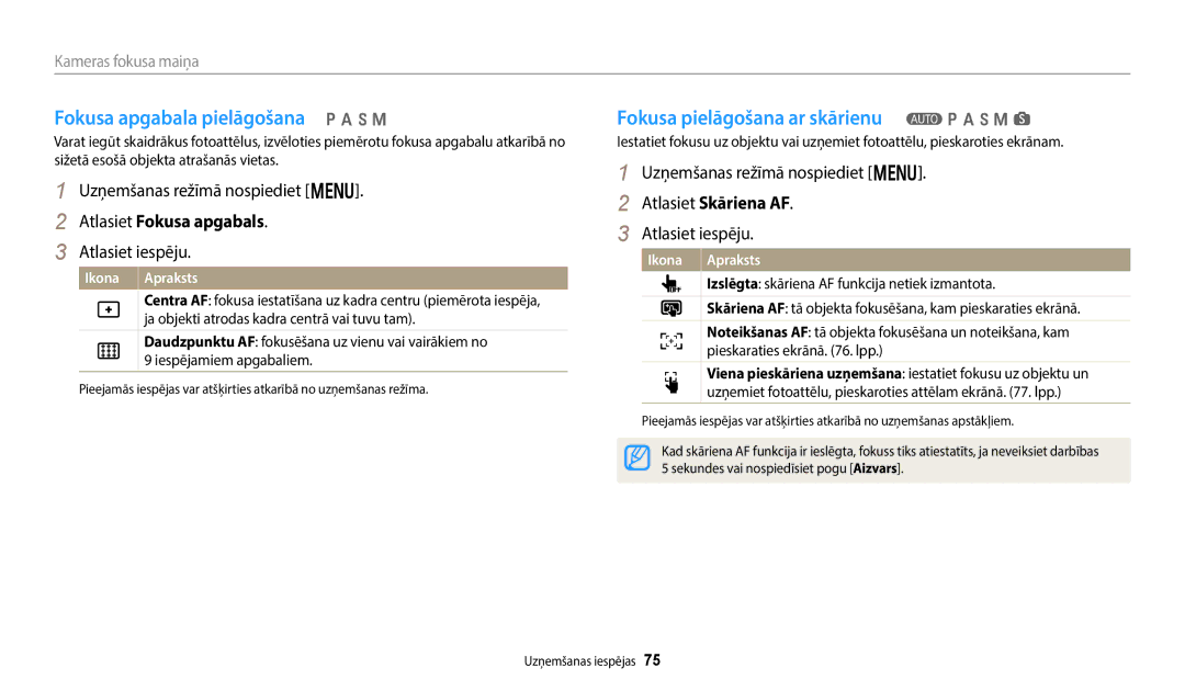 Samsung EC-WB352FBDWE2, EC-WB350FBPWE2 Fokusa apgabala pielāgošana p a h M, Fokusa pielāgošana ar skārienu T p a h M s 