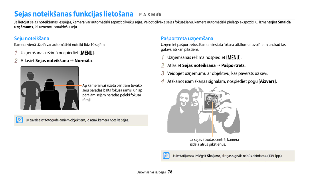 Samsung EC-WB352FBDBE2 manual Sejas noteikšanas funkcijas lietošana p a h M s, Seju noteikšana, Pašportreta uzņemšana 