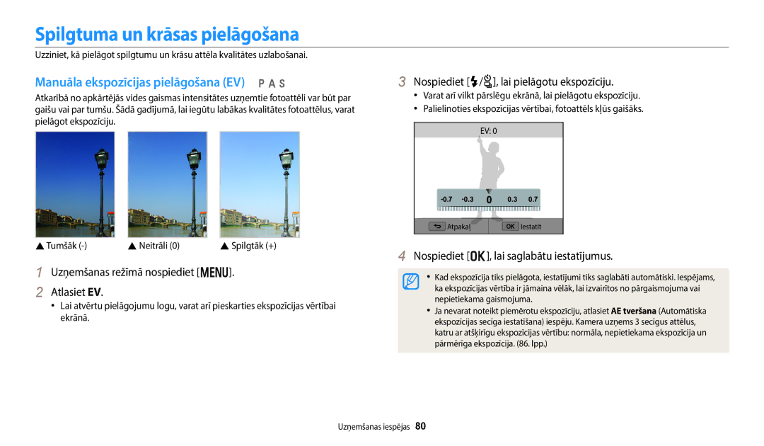 Samsung EC-WB350FBPWE2, EC-WB50FZBPBE2 manual Spilgtuma un krāsas pielāgošana, Manuāla ekspozīcijas pielāgošana EV p a h 