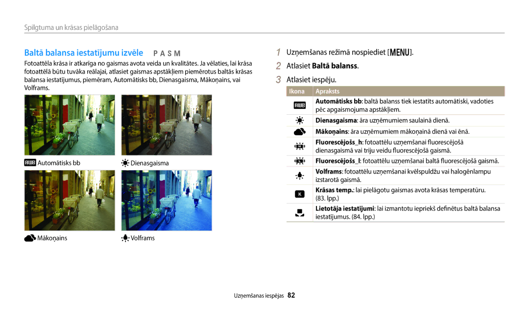 Samsung EC-WB350FBPRE2, EC-WB350FBPWE2, EC-WB50FZBPBE2 Baltā balansa iestatījumu izvēle p a h M, Atlasiet Baltā balanss 