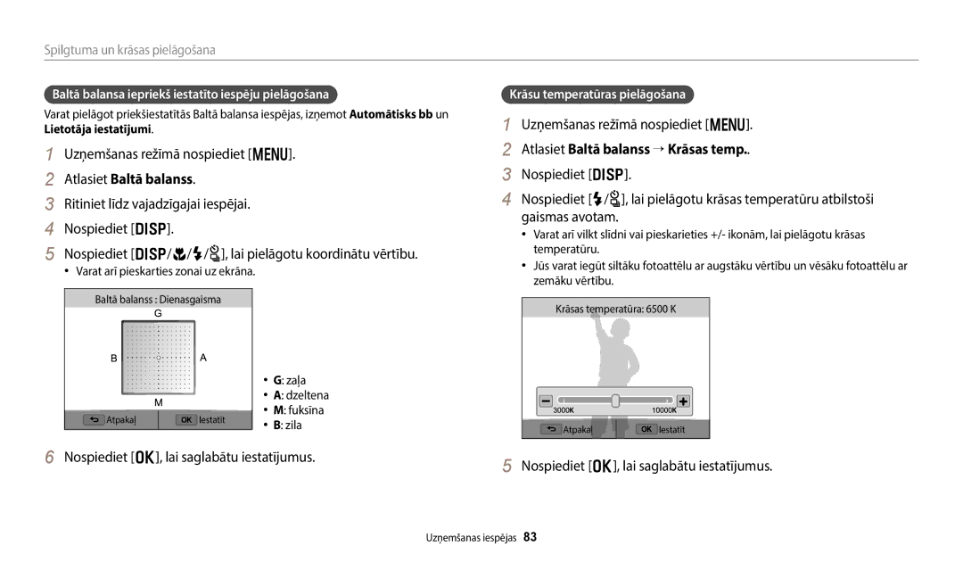 Samsung EC-WB350FBPNE2 manual Atlasiet Baltā balanss → Krāsas temp, Baltā balansa iepriekš iestatīto iespēju pielāgošana 