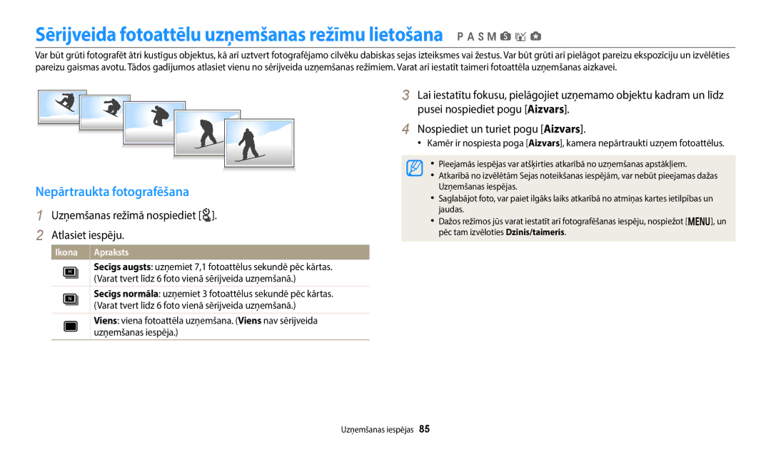 Samsung EC-WB350FBPBE2, EC-WB350FBPWE2 manual Nepārtraukta fotografēšana, Uzņemšanas režīmā nospiediet t Atlasiet iespēju 