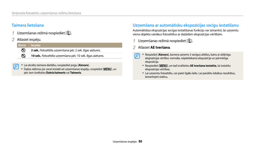 Samsung EC-WB50FZBPWE2 manual Taimera lietošana, Uzņemšanas režīmā nospiediet t, Atlasiet AE tveršana, Ikona Iespēja 