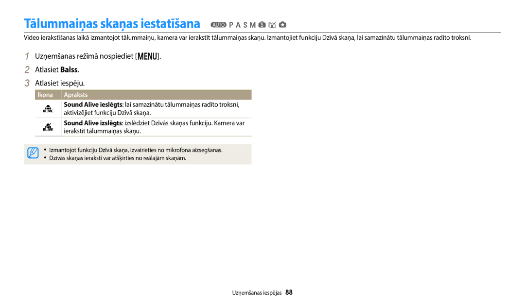 Samsung EC-WB50FZBPRE2, EC-WB350FBPWE2, EC-WB50FZBPBE2 manual Tālummaiņas skaņas iestatīšana T p a h M s i g, Ikona Apraksts 