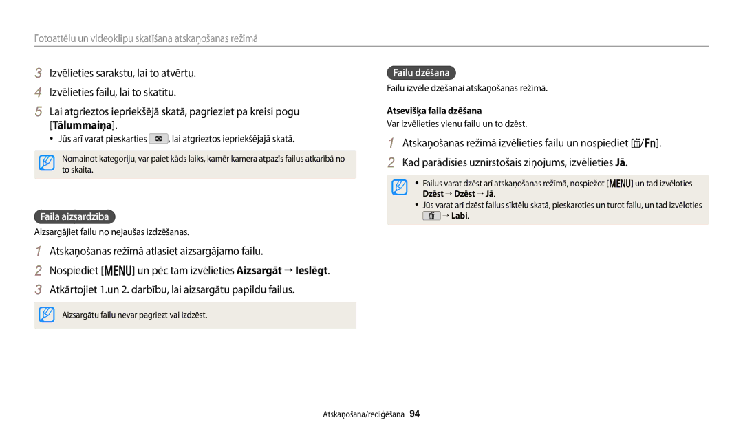 Samsung EC-WB350FBPBE2, EC-WB350FBPWE2, EC-WB50FZBPBE2 manual Faila aizsardzība, Failu dzēšana, Atsevišķa faila dzēšana 