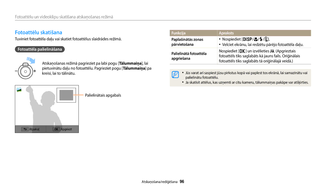 Samsung EC-WB352FBDBE2, EC-WB350FBPWE2, EC-WB50FZBPBE2 Fotoattēlu skatīšana, Fotoattēla palielināšana, Funkcija Apraksts 